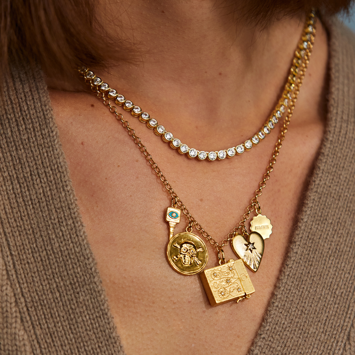 Bezel Tennis Necklace, Loaded Charm Necklace