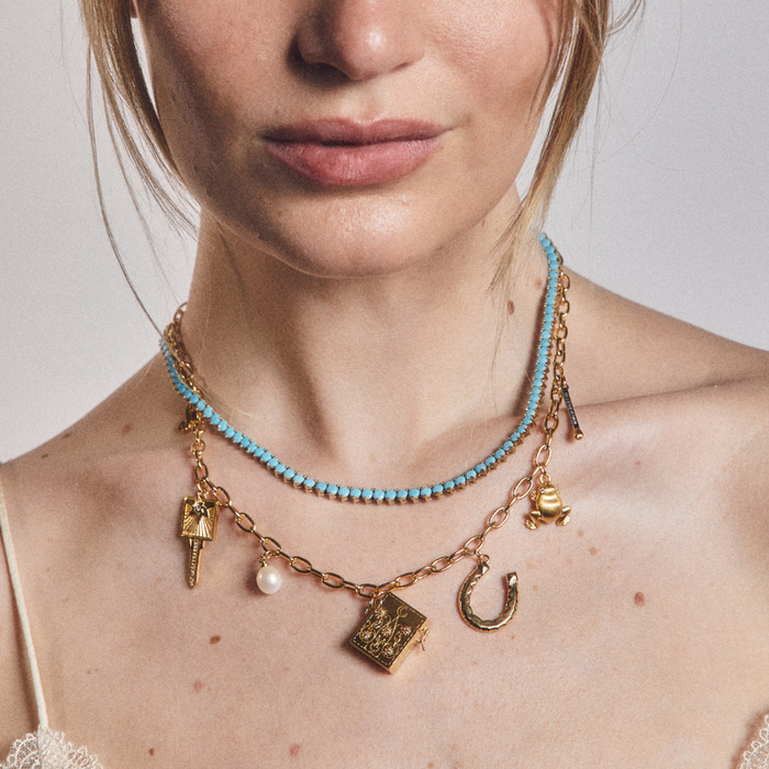 Turquoise Tennis Necklace, Loaded Charm Necklace worn on model
