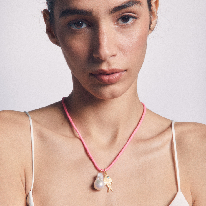 Hot Pink Necklace Cord with Baroque Pearl and Fish