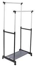 Internet's Best Portable Double Rail Clothes Garment Rack | Steel Rolling Closet Wardrobe Organizer | Adjustable Height and Expandable Hanging Rod | Bottom Shoe Shelf | On Wheels | Chrome & Black
