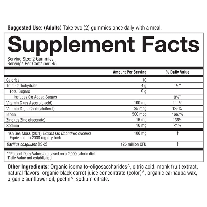 ISWG.00153.BTL Irish Sea Moss Zero Sugar Gummies Product Image - Nutrition Panel