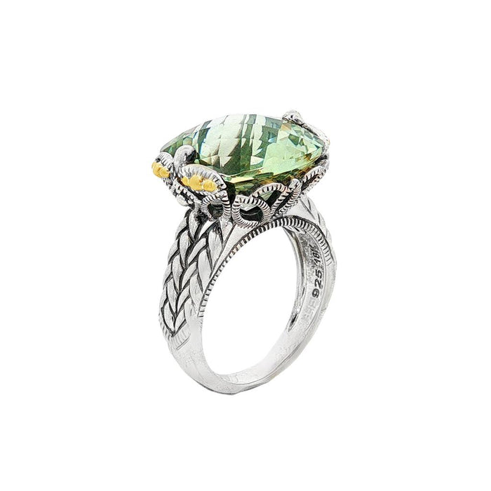 JT ESTATE Sterling Silver And 18K Yellow Gold Overlay Green Quartz Ring