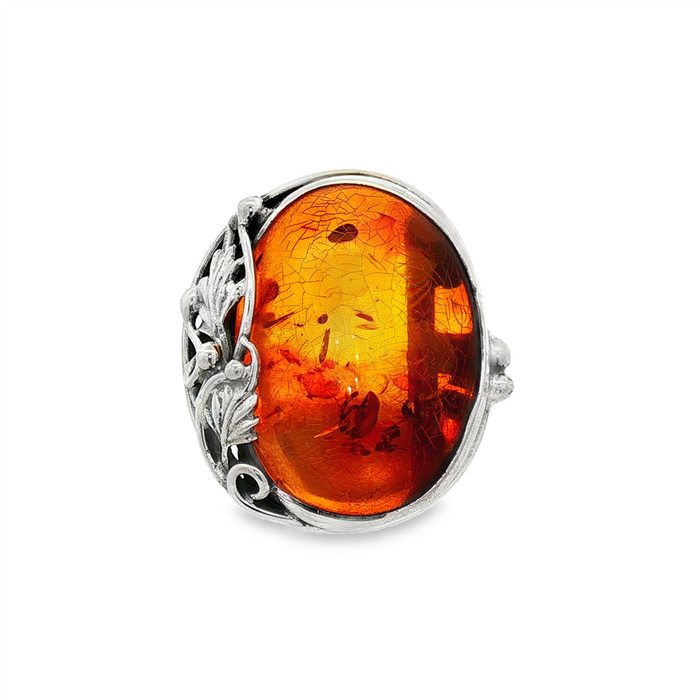 JT ESTATE Sterling Silver Cabochon Amber Vine Motif Ring