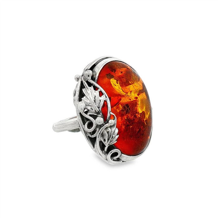 JT ESTATE Sterling Silver Cabochon Amber Vine Motif Ring