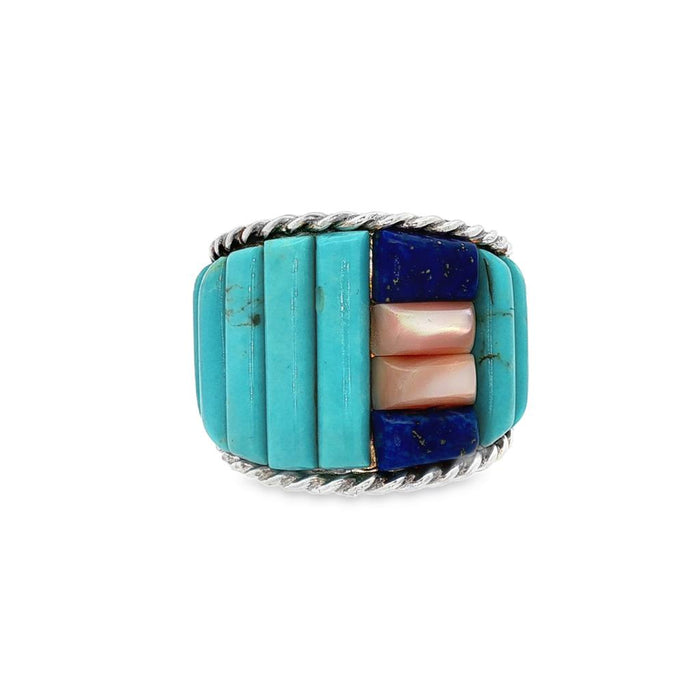 JT ESTATE Sterling Silver Lapis, Pink Mother of Pearl, And Turquoise Ring