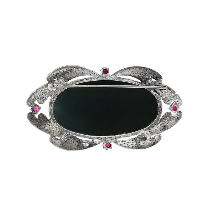 JT ESTATE Sterling Silver Onyx Ruby And Marcasite Brooch
