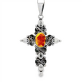 JT ESTATE  Sterling Silver Ornate Cross Pendant With 1 Large Oval Amber