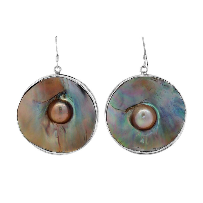 JT ESTATE Sterling Silver Pearls Large Disc Dangle Earrings