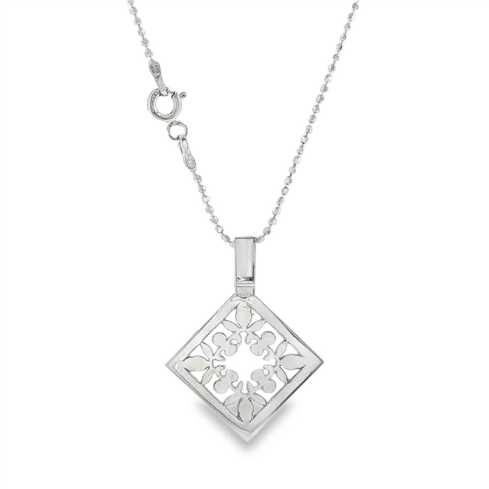 JT ESTATE Sterling Silver Square Floral Pendant With Bead Chain