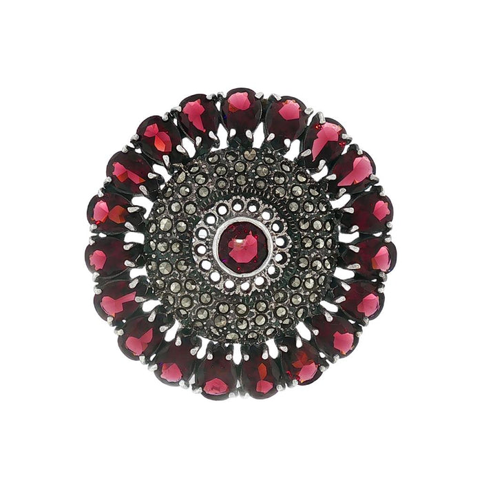 JT ESTATE Sterling Silver Violet Glass And Marcasite Medallion Brooch