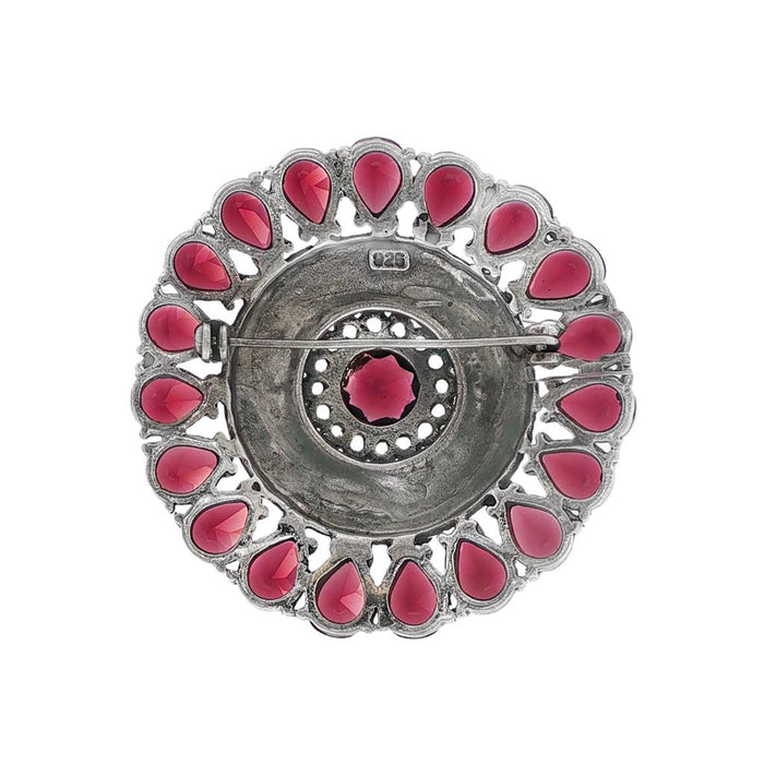 JT ESTATE Sterling Silver Violet Glass And Marcasite Medallion Brooch