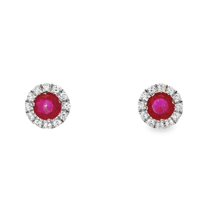 July Birthstone Earrings: Sterling Silver Lab Grown Ruby Halo Earrings