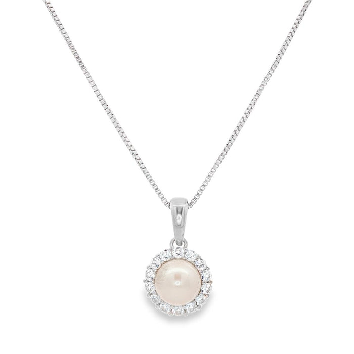 June Birthstone Sterling Silver Freshwater Pearl Halo Pendant