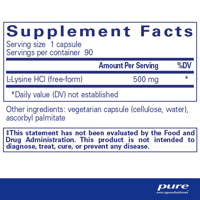 Supplement facts label for L-Lysine HCI with serving size and container information.