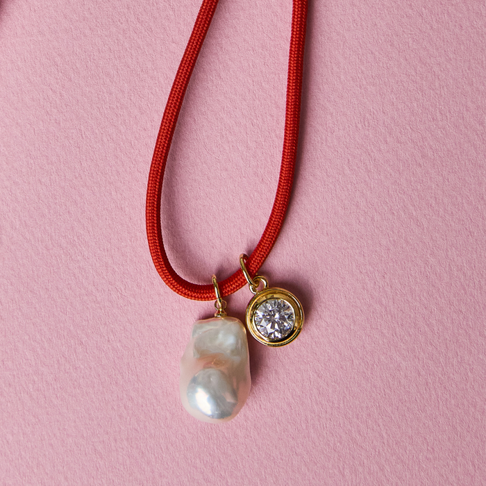 Large Bezel Charm on Coral Red Cord with Baroque Pearl