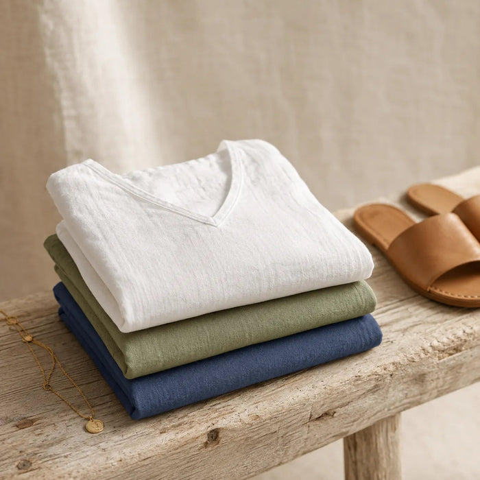 Linvie – Loose V-Neck Linen-Look Blouse with Three-Quarter Sleeves