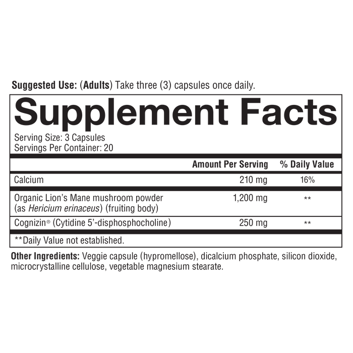 LM.92074 Youtheory Lion's Mane + 60 Capsules Nutrition Facts Panel
