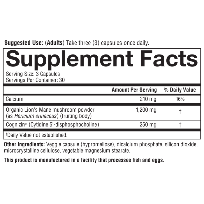 LM.00127.BTL Youtheory Lion's Mane + Capsules Product Image - Nutrition Panel