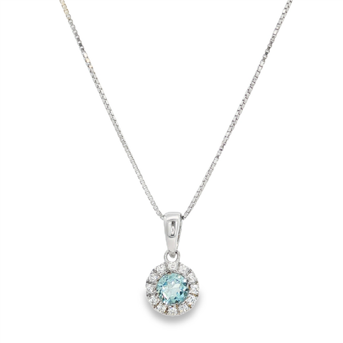 March Birthstone Pendant: Sterling Silver Sky Topaz Halo Pendant Necklace