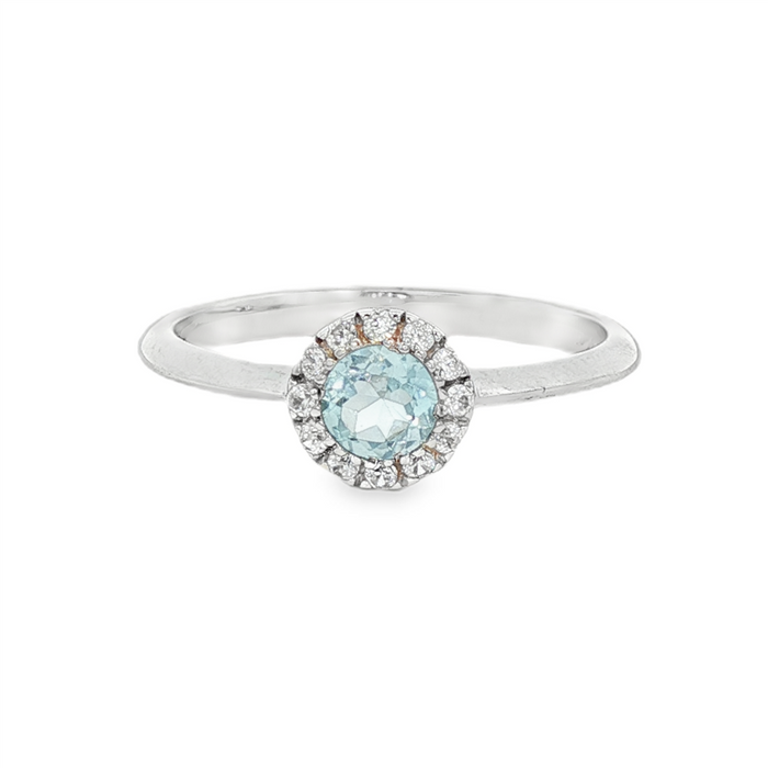 March Birthstone Ring: Sterling Silver Sky Topaz Halo Ring
