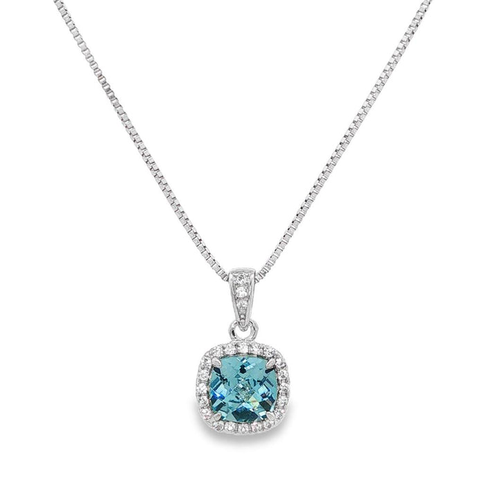 March Birthstone Sterling Silver Created Aquamarine Halo Pendant