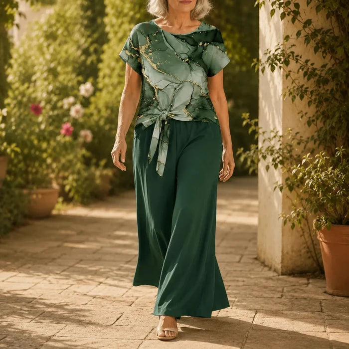 Marovelle – Marble Print Knot-Front Top and Wide-Leg Pants Set