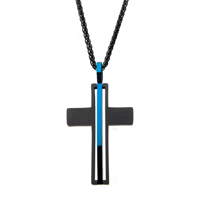 Matte Black IP With Thin Blue Line Pendant Necklace