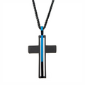 Matte Black IP With Thin Blue Line Pendant Necklace