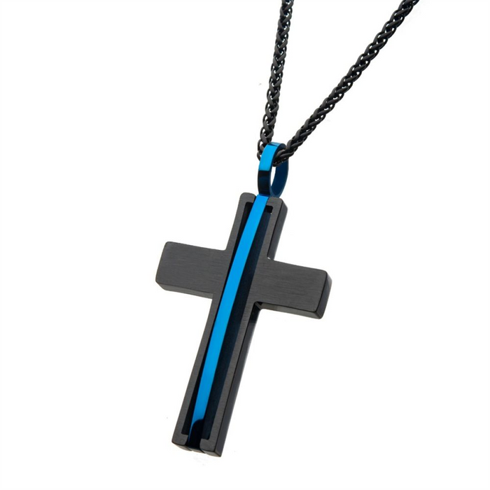 Matte Black IP With Thin Blue Line Pendant Necklace