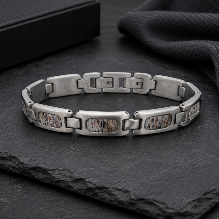 Matte Finish Stainless Steel Deer Antler Inlay Link Bracelet