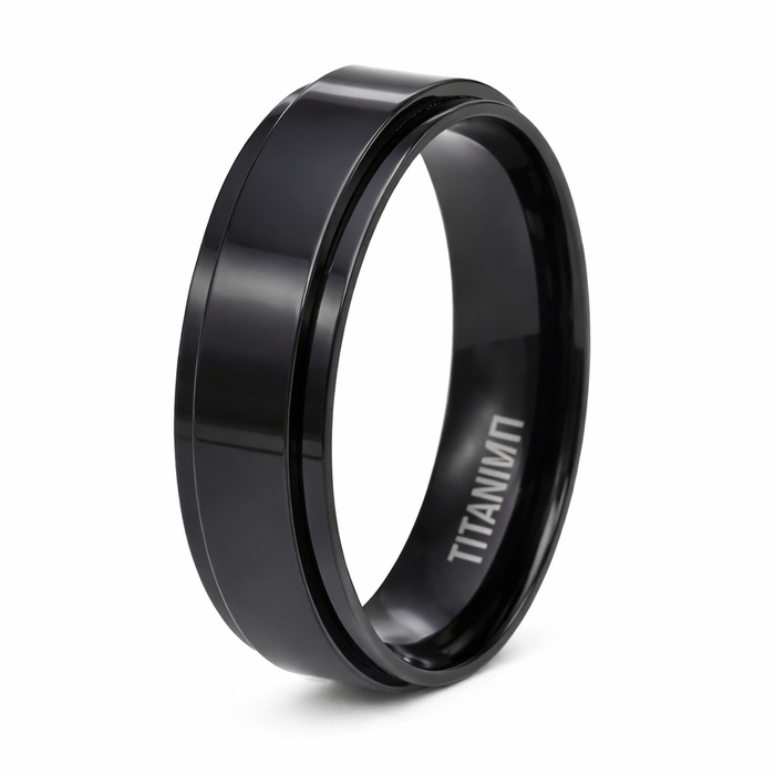Men's Black Titanium Spinner Ring with Flat Profile and Glossy Finish | 8mm