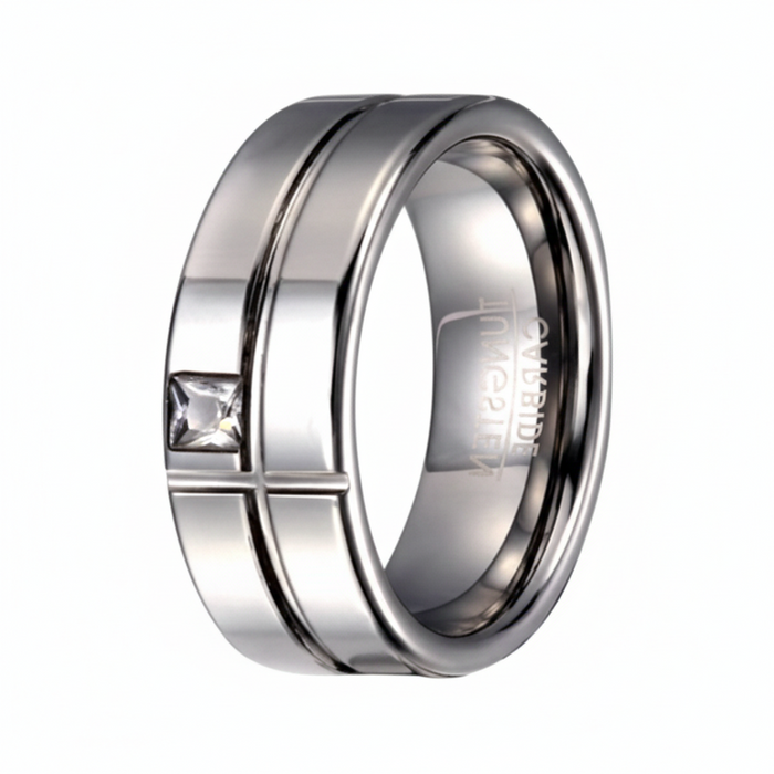 Men's Tungsten Ring with Intersecting Grooves and White CZ | 8mm