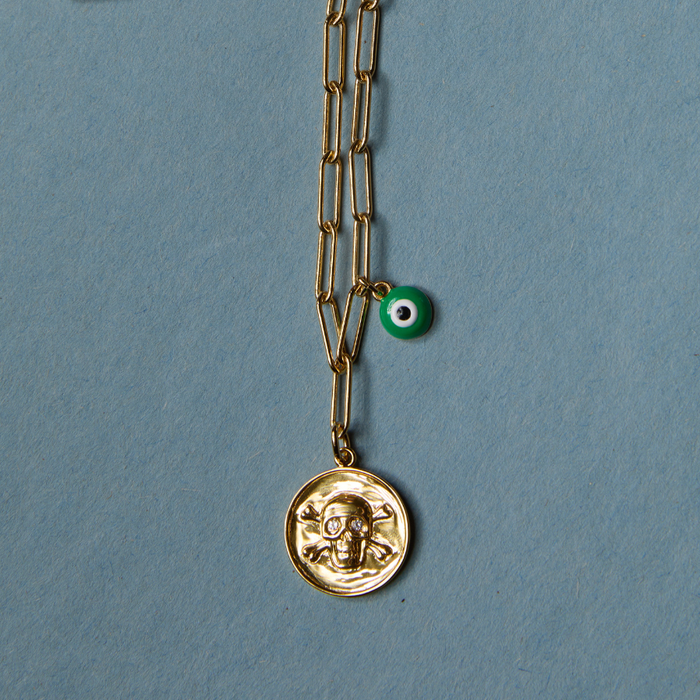 Mini Green Enamel Evil Eye Charm and Memento Mori Skull Charm