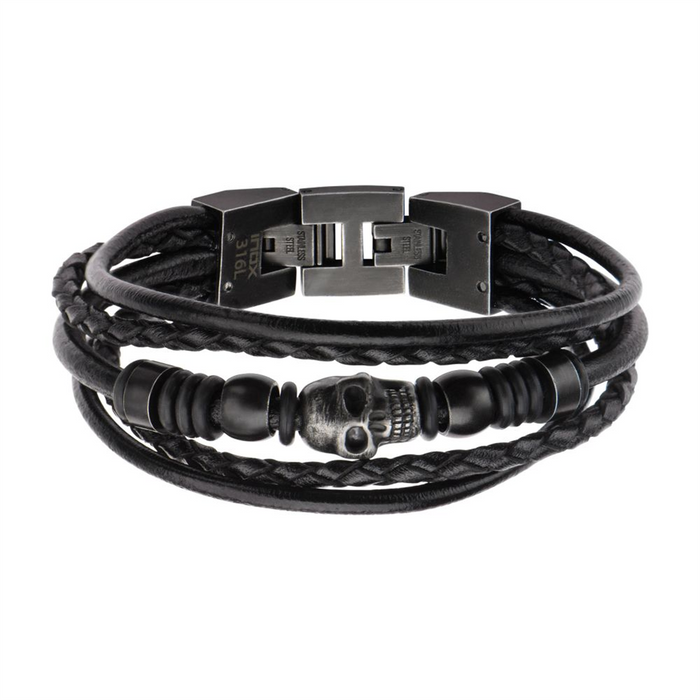 Multi Black Leather And Black Skull Beads Bracelet