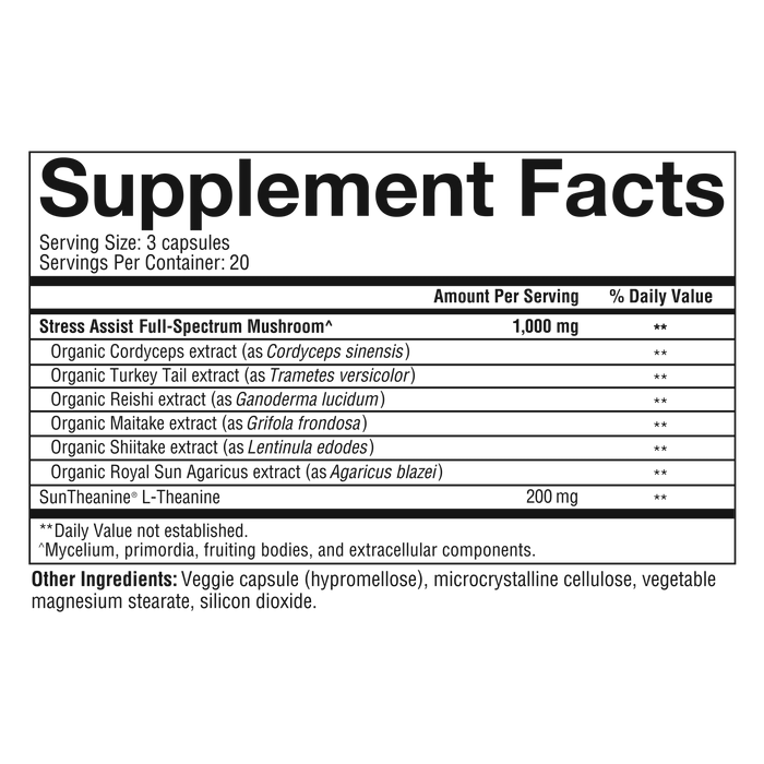 MSC.92090 Youtheory Mushroom Stress Complex 60 Capsules Nutrition Facts Panel