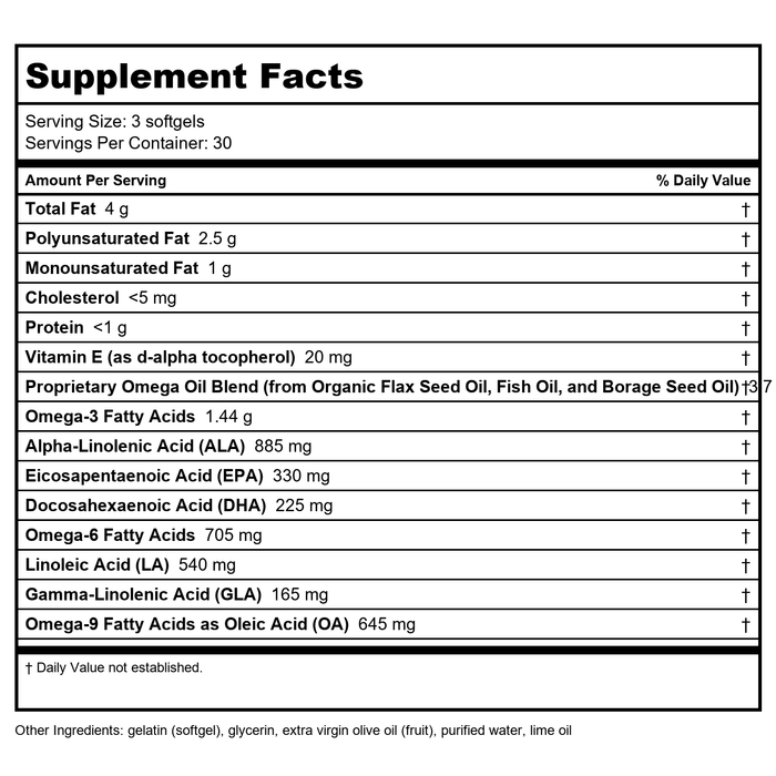 Nature's Way Mega 3/6/9 Omega Blend Lime Flavor 90 Softgels - Supplement Facts panel