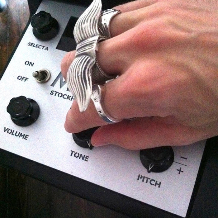 "Not Your Father's Mustache Ring styled with a Cross Ring — sterling silver statement rings handmade by Fables in the Air"