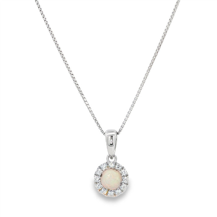 October Birthstone Pendant: Sterling Silver Lab Grown Opal Halo Pendant Necklace
