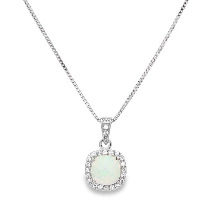 October Birthstone Sterling Silver Created Opal Halo Pendant