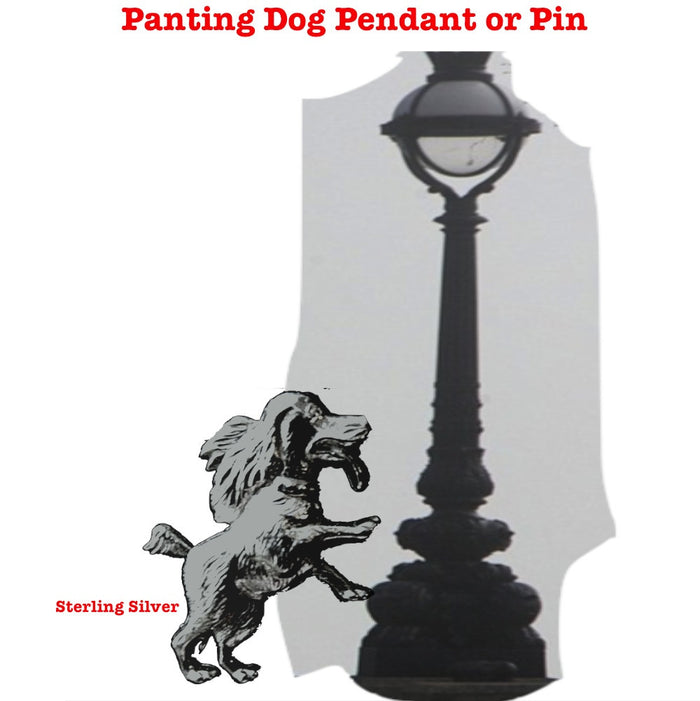 "Man's (woman or child's)  best friend" needs his water bowl. OR, maybe he/she's just happy to see YOU! This puppy dog has found 3 of his favorite things on his walk: a fire hydrant, lamp post and old firetruck! Available as a pendant or brooch. In either Shiny with oxidized details or my Satin Vintage Oxidized Finish, or in  Yellow or Pink Gold Vermeil! By Fablesintheair. Fables by Marti Heil. Sterling Silver Whimsical Jewelry. Made in the USA.