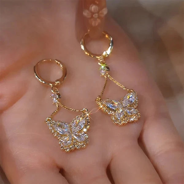 Papillore – Sparkling butterfly drop earrings, gold-tone cubic zirconia, delicate everyday elegance