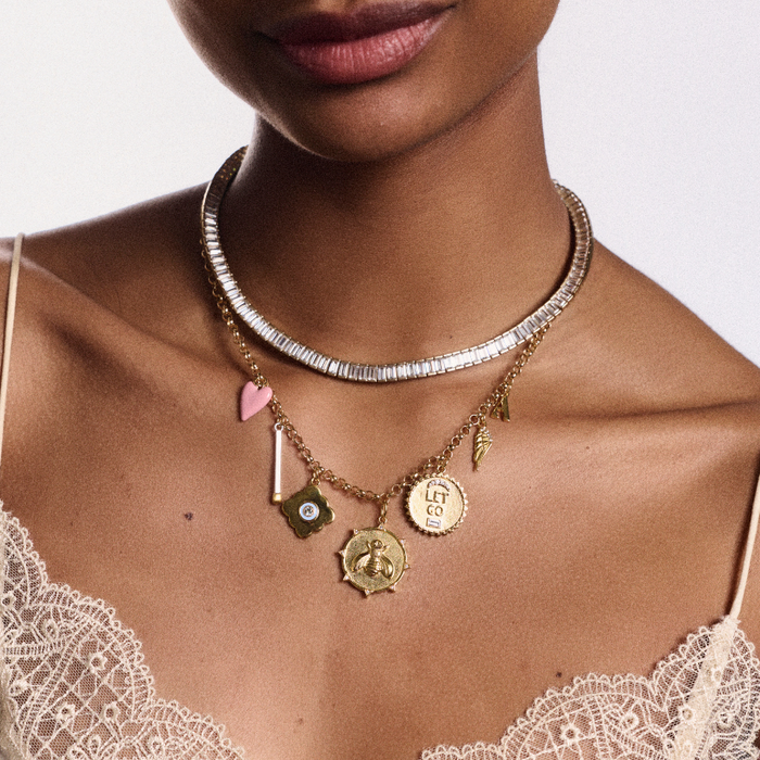 Baguette Tennis Necklace, custom charm necklace with Pink Enamel Heart, Divine Spark Matchstick, Enamel Oui, Enamel Resilience Bee Coin, Let Go 999, Wing, Small Letter Charm