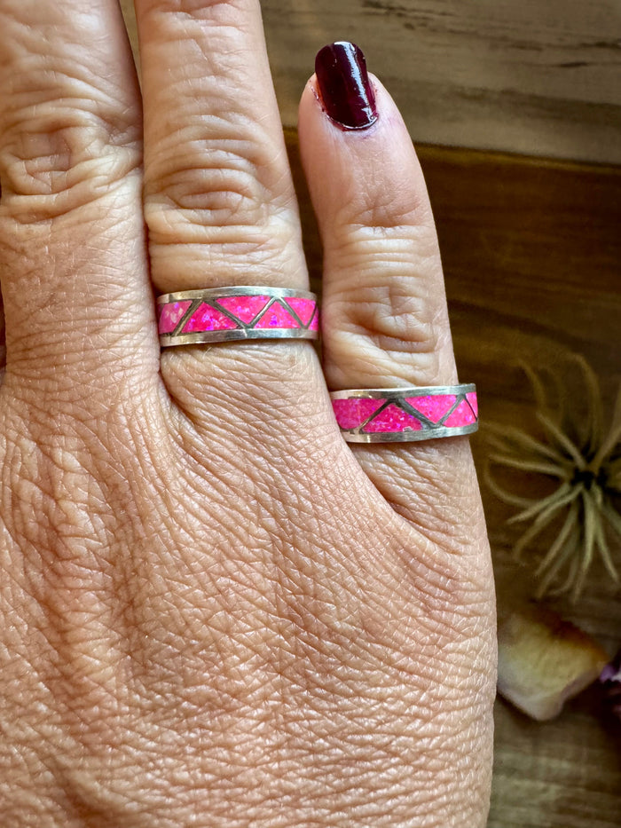 Pink Opal Inlay Band Ring – Sterling Silver  – Sizes 6.5 & 7.5