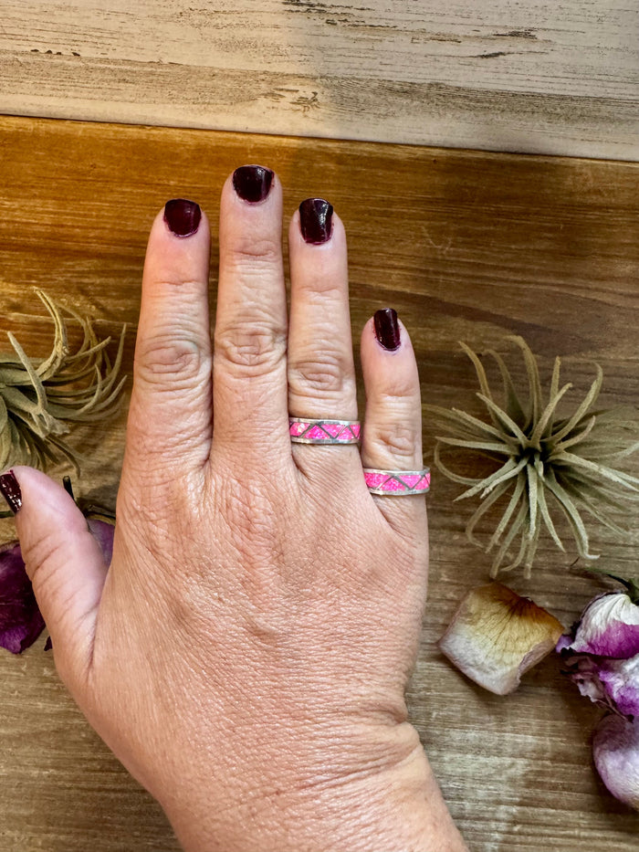 Pink Opal Inlay Band Ring – Sterling Silver  – Sizes 6.5 & 7.5