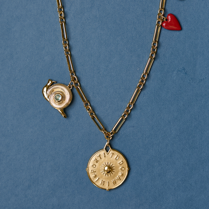 Custom charm necklace: Mixed Link Chain, Snail Charm, Courage Coin, and Red Enamel Heart Charm