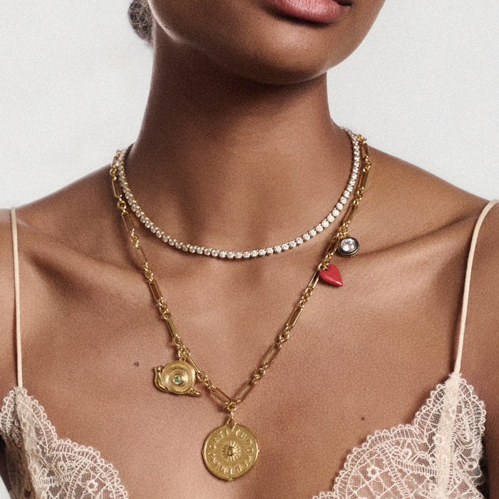 Bezel Tennis Necklace, Custom charm necklace: Mixed Link Chain, Snail Charm, Courage Coin, and Red Enamel Heart Charm