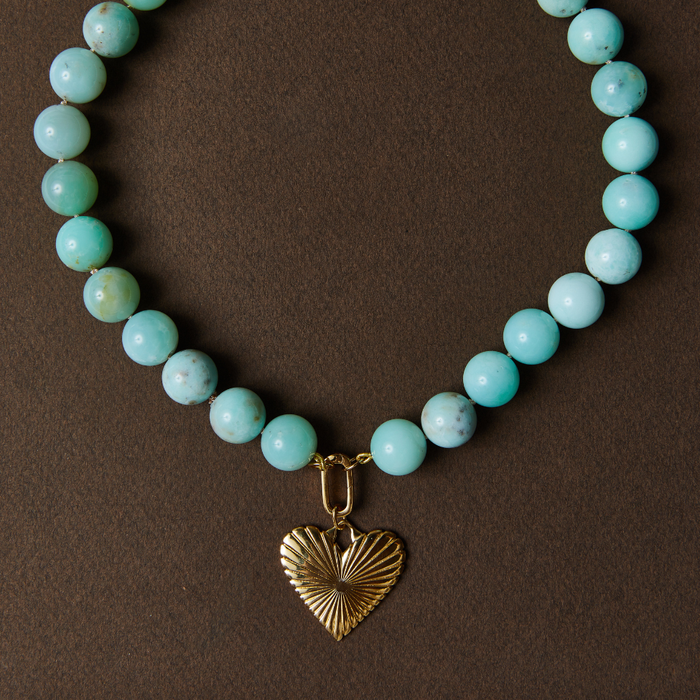 Jumbo Chrysoprase Knotted Gemstone Necklace with Ribbed Heart of Gold