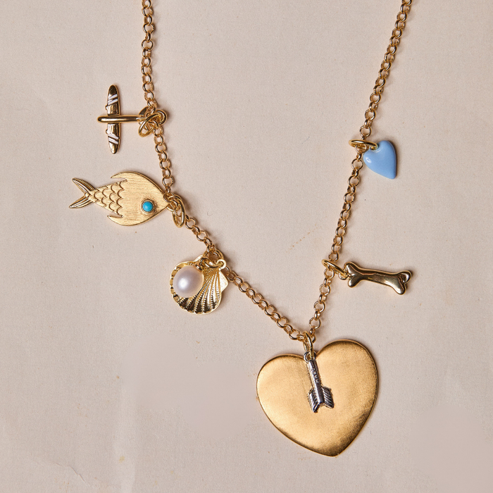 Airplane, Fish, Scallop with pearl, Arrow Heart, Dog Bone, mini blue heart