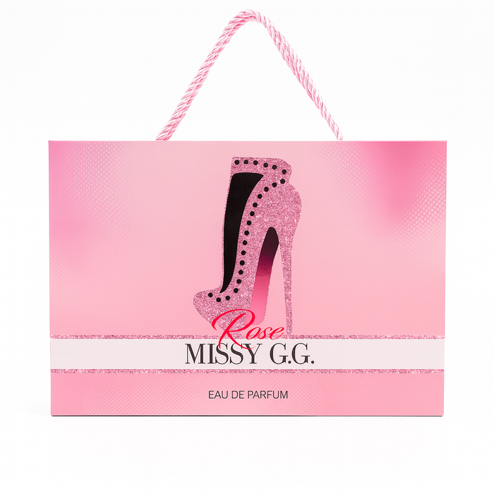 Missy G.G. Rose Eau de Parfum pink gift bag with glitter high heel design, import cosmetice