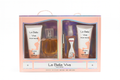 La Bella Viva cosmetic gift set with shower gel, body spray, body lotion, and perfume, packaged in a pastel box